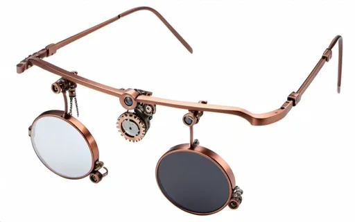 Prompt: futuristic sunglasses, (minimalist design), (steampunk elements), sleek lines, metallic accents, warm copper tones, intricate gears and clockwork details, open-air frames, softly glowing lenses, high-tech aesthetics, harmonious blend of old and new, ultra-detailed, refinement in craftsmanship, ambient lighting highlight the shine, contemporary meets vintage, 4K resolution.