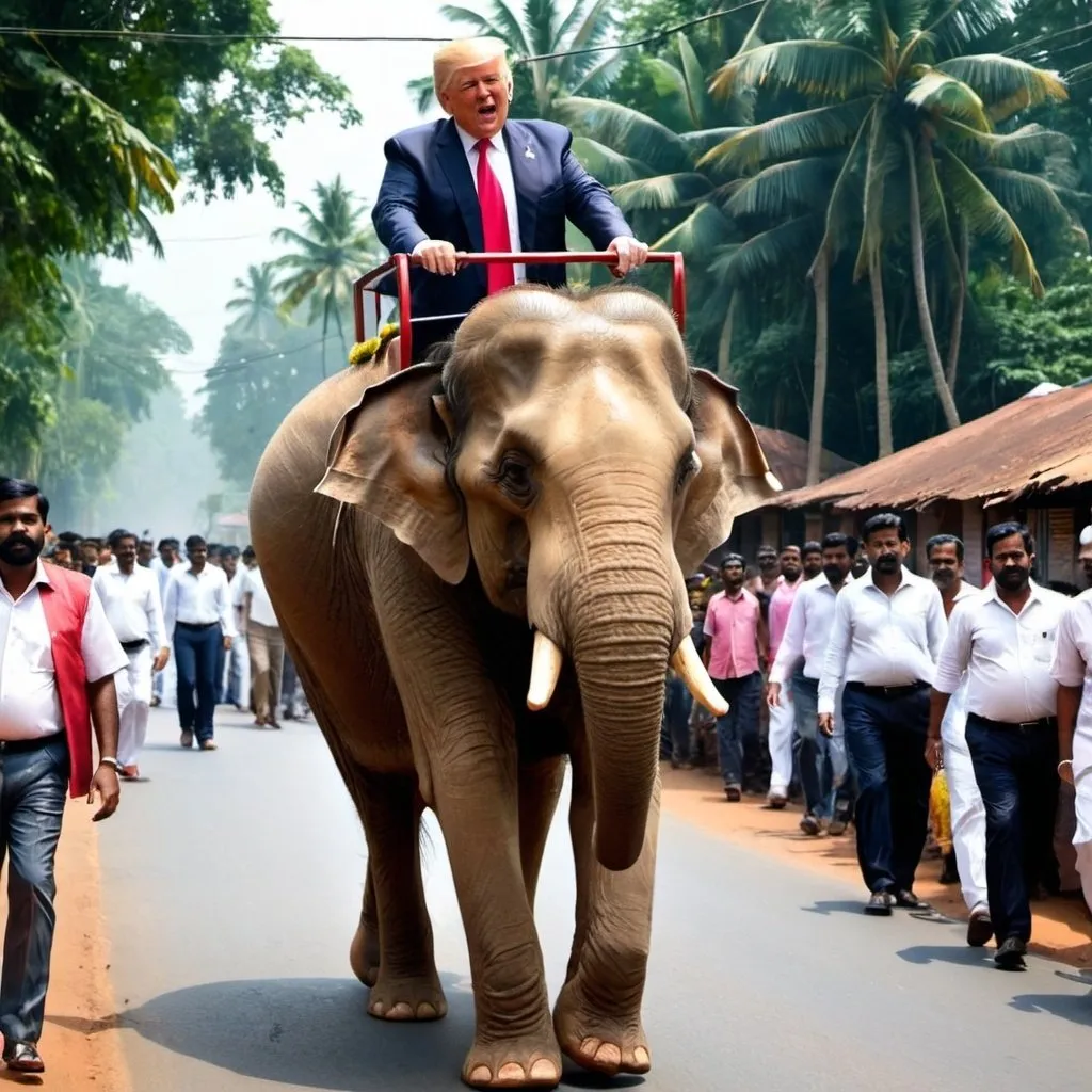 Prompt: i want trump riding a elephant in streets of kerala