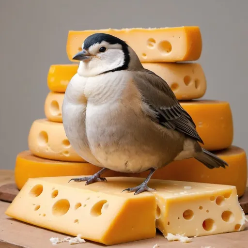 Prompt: THE MOST FATTEST CHUBBESIT, OBESED BIRD sitting on a pile of cheese eating. 