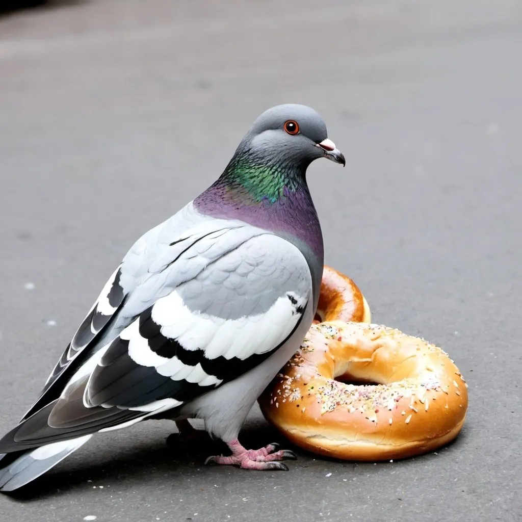 Prompt: very very very fat pigeon eating a bagel. obese.