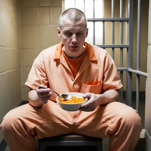 Prompt: Picture of a white man in orange prison jumpsuit, eating with spoon in his hand, inside prison