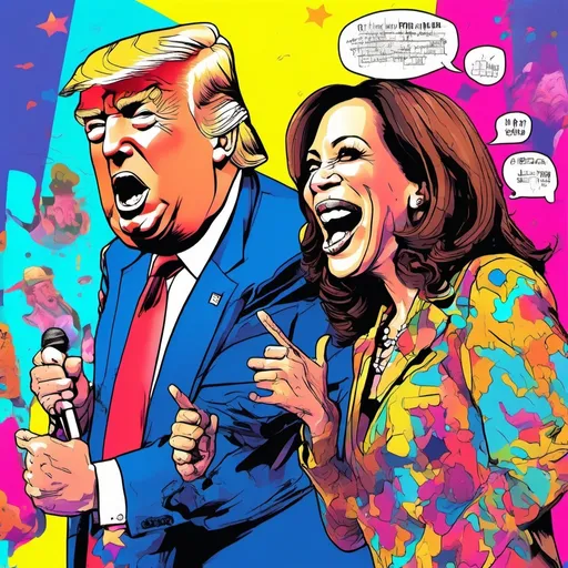 Prompt: (cartoonish satire image), (Donald J. Trump and Kamala Harris), (exaggerated expressions), Speech Bubble filled with lies, vibrant colors, humorous exaggeration, playful caricature style, comedic atmosphere, bustling backdrop of a political stage, exaggerated body language, expressive faces, capturing the essence of satire, colorful and eye-catching design, 4K ultra-detailed.