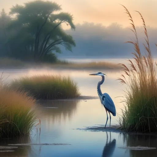 Prompt: Foggy beach scene, water gently washing onshore, (serene) atmosphere, bright blue heron and an egret fishing amidst lush marsh grass, ethereal light spilling through thick fog, soft pastel tones of early morning, high detail, (4K) ultra-detailed rendering, tranquil and peaceful ambiance, subtle textures of wet sand and soft grass, faint silhouettes in the background.