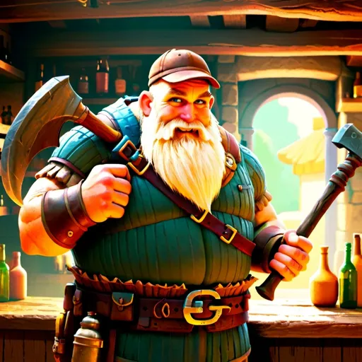 Prompt: dwarf character holding an axe in a tavern , fantasy character art, illustration, dnd, warm tone