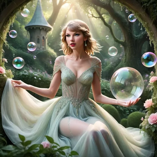 Prompt: (enchanting scene of Taylor Swift as an enchanted princess), Living in a glass bubble