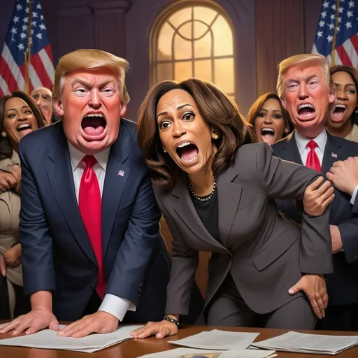 Prompt: (deeply satirical scene of Kamala Harris and Donald J Trump), (liars Prison), vibrant political cartoon style, exaggerated facial expressions, humorous setting that evokes laughter, richly detailed backgrounds symbolizing deceit and discord, warm and bold color palette, high contrast lighting to emphasize subjects, ultra-detailed, engaging satire that encourages reflection on political themes.