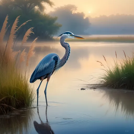 Prompt: Foggy beach scene, water gently washing onshore, (serene) atmosphere, bright blue heron and an egret fishing amidst lush marsh grass, ethereal light spilling through thick fog, soft pastel tones of early morning, high detail, (4K) ultra-detailed rendering, tranquil and peaceful ambiance, subtle textures of wet sand and soft grass, faint silhouettes in the background.