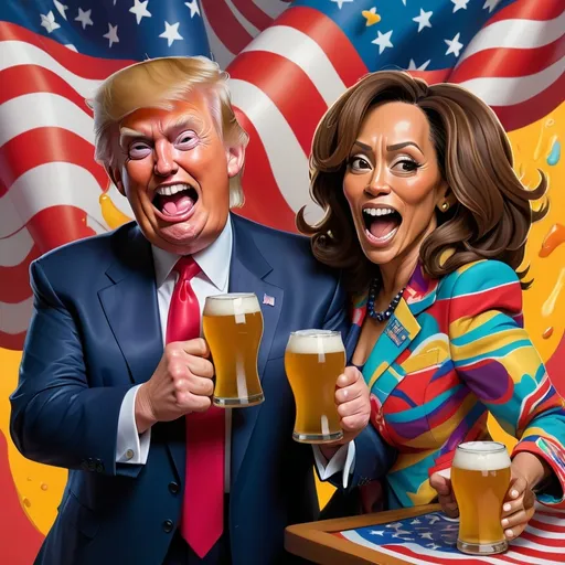 Prompt: President Donald J Trump, (humorous portrayal),Having a beer with Kamala Harris , exaggerated facial expressions, cartoonish features, exaggerated hairstyle, vibrant colors, (silly outfit), comical accessories, whimsical background with abstract shapes, cheerful ambiance, bright and exaggerated contrasts, high detail, caricature style, engaging and playful mood, captivating visual elements, ultra-detailed.