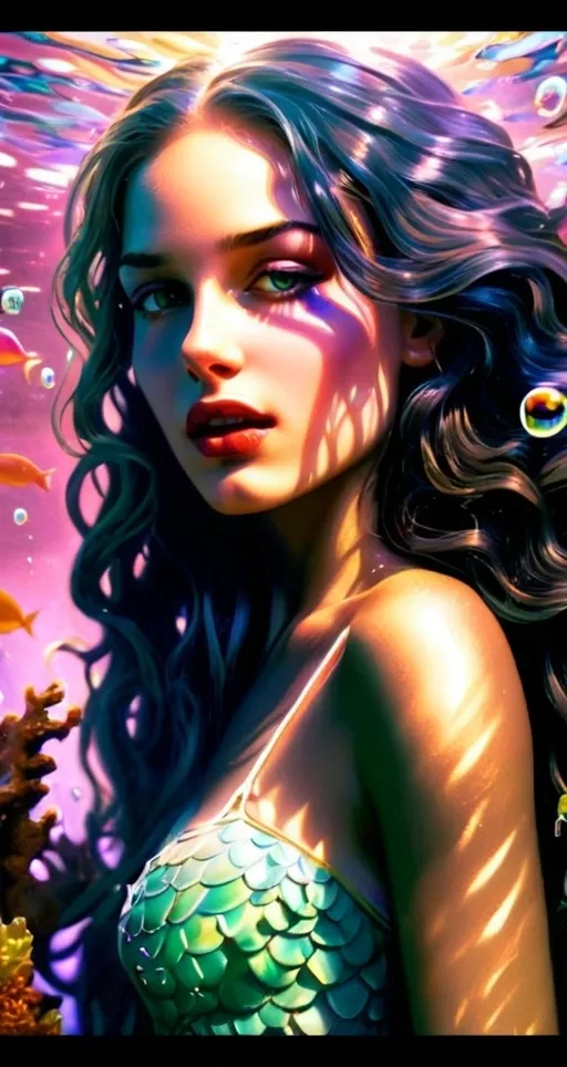 Prompt: Underwater scene featuring a (magical, beautiful black fantasy lady), ethereal glow, shimmering scales, flowing hair, surrounded by colorful coral reefs and ocean creatures, (vibrant colors), enchanting light filtering through the water, (dreamy ambiance), visually stunning with intricate details, foam bubbles glistening, (ultra-detailed), captivating fantasy atmosphere.