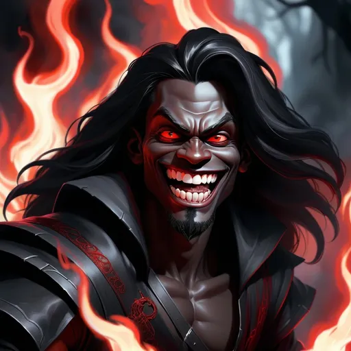 Prompt: (wizard) beautiful Black Male, black lips, extremely white teeth, long glossy black hair, blood red eyes, dark black shiny skin, smiling with perfect white teeth, side lighting, evil, dark, scary, fire red backlighting hair, cinematic colors, high contrast, dramatic shadows, photorealistic, ultra-detailed, HD quality, intense atmosphere, fiery glow in the background, eerie mood.