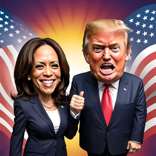 Prompt: (Bold Satire), (Kamala Harris), (Donald Trump), exaggerated features, comedic expressions, humorous scene, vivid colors, dynamic angles, absurd proportions, playful caricature style, engaging background with a surreal twist, high detail, vibrant atmosphere, (4K), highlights political irony, engaging and lighthearted tone.