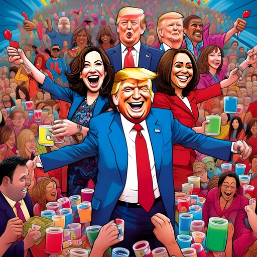 Prompt: <mymodel> (illustration) Donald J. Trump (matching red suit) and Kamala Harris (vibrant blue attire) humorously pouring colorful Kool-Aid into waiting glasses, symbols of wealth and currency surrounding them, dynamic scene filled with playful expressions, dramatic colors creating a satirical atmosphere, connotes chaos and indulgence, detailed background showcasing a lively crowd, high detail, vivid stylization.