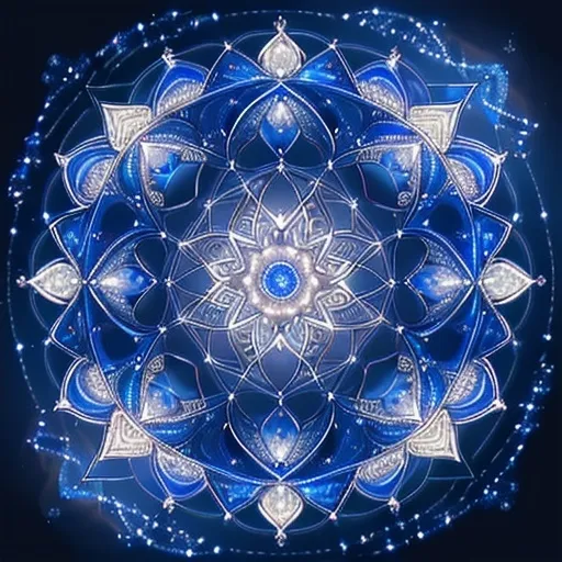 Prompt: (Mandala design), (Feminine energy), intricate patterns seamlessly intertwined, ethereal soft glowing elements illuminating the design, set against a deep midnight blue backdrop filled with subtle starlight, creating a serene and calming ambiance, high detail, beautiful and soothing color tones, 4K quality, perfect for meditation and spiritual inspiration.