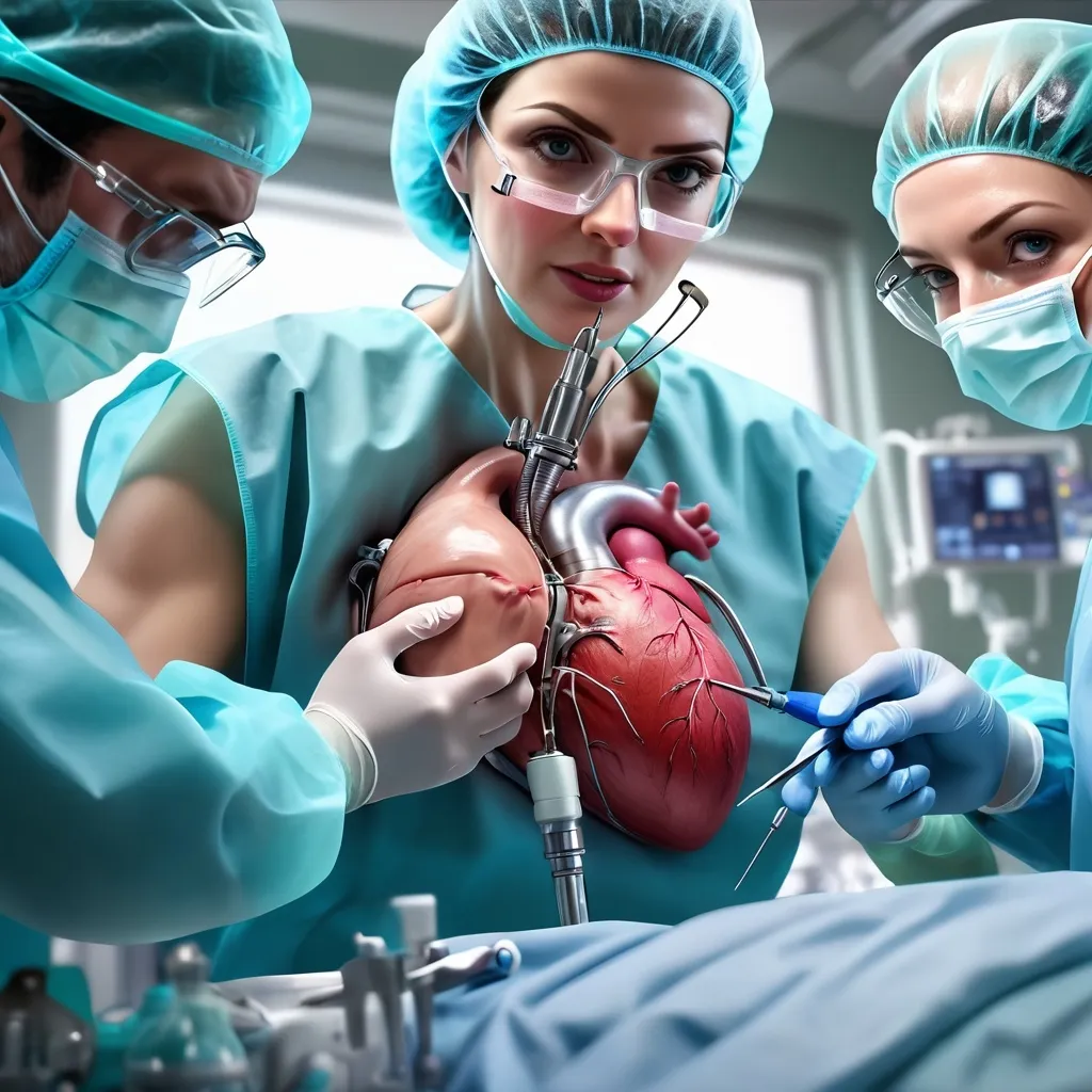 Prompt: (surgeon performing open heart surgery), detailed and realistic portrayal, intricate surgical tools, bright sterile operating room environment, dynamic action, focused expression, dramatic lighting, showcasing intensity and precision, intense ambiance, (highly detailed), (4K), capturing the gravity of the medical procedure, highlighting professionalism and skill.