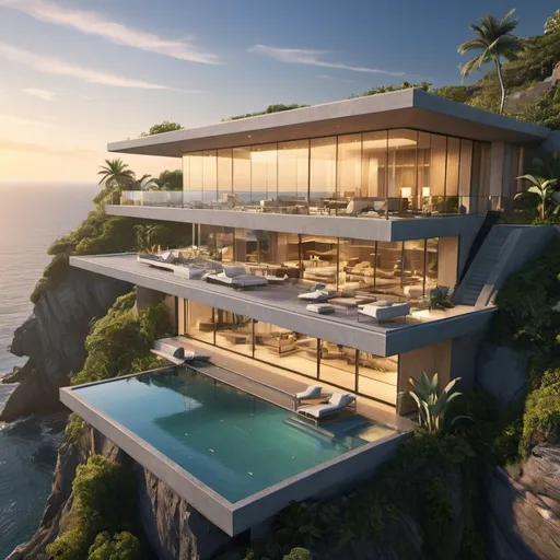 Prompt: (Loyd Wright beautiful home on a cliff overlooking the ocean), spectacular architectural design, breathtaking ocean view, dramatic cliffside, modern contemporary style, lush greenery, unique geometric shapes, expansive glass windows, sunset lighting, golden hues, tranquil atmosphere, serene environment, awe-inspiring scenery, vast open sky, distant horizon, ultra-detailed, (photorealistic), 4K, cinematic masterpiece, ultra HD, professional architecture photography.
