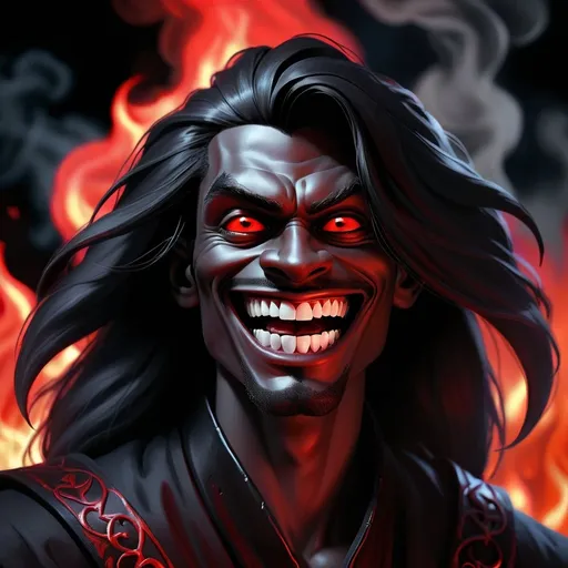 Prompt: (wizard) beautiful Black Male, black lips, extremely white teeth, long glossy black hair, blood red eyes, dark black shiny skin, smiling with perfect white teeth, side lighting, evil, dark, scary, fire red backlighting hair, cinematic colors, high contrast, dramatic shadows, photorealistic, ultra-detailed, HD quality, intense atmosphere, fiery glow in the background, eerie mood.