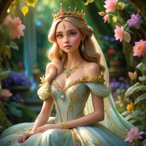 Prompt: (Beautiful Princess), regal attire, flowing gown, intricate golden jewelry, enchanted crown, delicate features, enchanting expression, vibrant colors, ethereal elegance, surrounded by a lush fantasy garden, soft, magical lighting, fairy-tale atmosphere, blooming flowers, sparkling aura, whimsical vibe, HD, ultra-detailed, dreamlike setting.