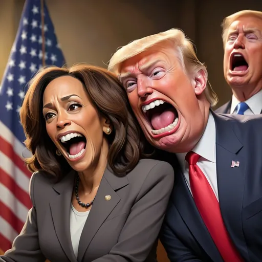 Prompt: (deeply satirical scene of Kamala Harris and Donald J Trump), (liars Prison), vibrant political cartoon style, exaggerated facial expressions, humorous setting that evokes laughter, richly detailed backgrounds symbolizing deceit and discord, warm and bold color palette, high contrast lighting to emphasize subjects, ultra-detailed, engaging satire that encourages reflection on political themes.