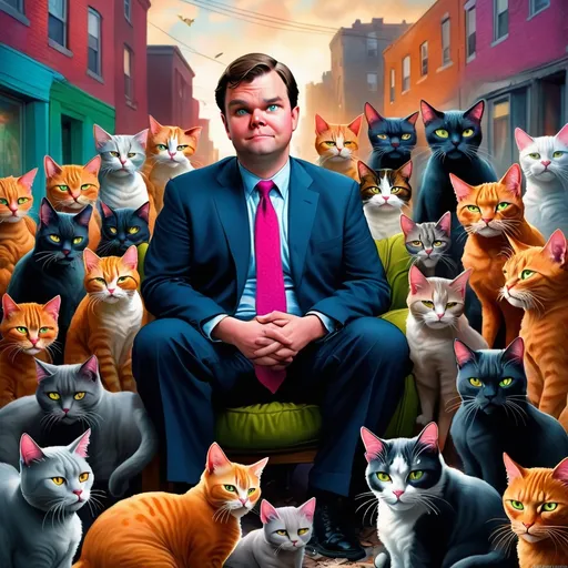 Prompt: (J D Vance), satirical portrayal, surrounded by various cats, depicting economic hardship, cluttered urban background, contrasting vibrant colors, grim ambiance, raised eyebrows and smirking expressions, playful yet somber atmosphere, creative satire elements, ultra-detailed, high-quality composition, emotionally engaging, dramatic lighting, capturing the essence of social commentary.