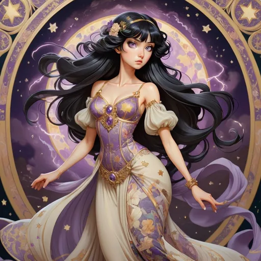 Prompt: Style of Tarot Anime. The image shows her entire figure. The woman is in a dynamic pose. The background is ornate with a lot of detail. The woman has black hair that floats around her like in the paintings of Alfons Mucha. She has big black  eyes. The woman is dressed in a dress made of a slightly transparent, airy material, on which decorations and ornaments are visible. Background motive is a dog , horse, stars and gold. Dramatic lightning from behind. Girl dress is violet and cream