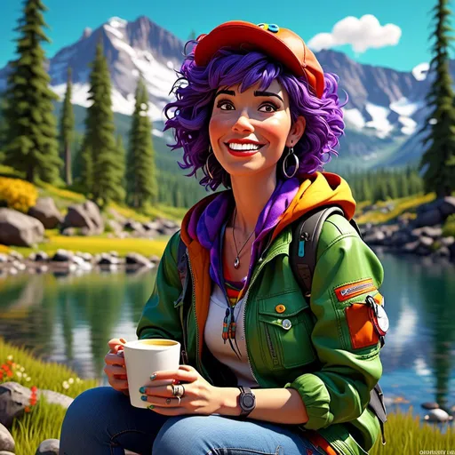 Prompt: <mymodel>(mymodel) sitting outside, Glacier National Park scenery, vibrant green trees, majestic mountain backdrop, serene lake reflecting the sky, warm sunlight illuminating the scene, relaxed pose, holding a coffee cup, enjoying life, cheerful atmosphere, vivid colors, ultra-detailed, high-quality image, peaceful summer day, natural beauty, inviting ambience.