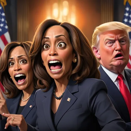 Prompt: (deeply satirical scene of Kamala Harris and Donald J Trump), (liars Prison), vibrant political cartoon style, exaggerated facial expressions, humorous setting that evokes laughter, richly detailed backgrounds symbolizing deceit and discord, warm and bold color palette, high contrast lighting to emphasize subjects, ultra-detailed, engaging satire that encourages reflection on political themes.