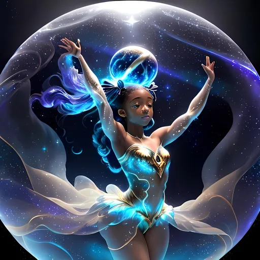 Prompt: Simone Biles performing gracefully, (hollow globe) surrounding her with a (mystical lighting) backdrop, (galaxy in glowing orb) reflecting in her movements, (translucent surface) illuminating with the mesmerizing moonlight, a (night scene) rich with a (starry sky) backdrop, casting an (ethereal ambiance), enhanced by swirling (aquatic elements); (highly detailed), captivating and magical.