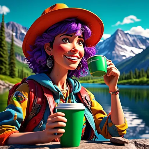 Prompt: <mymodel>(mymodel) sitting outside, Glacier National Park scenery, vibrant green trees, majestic mountain backdrop, serene lake reflecting the sky, warm sunlight illuminating the scene, relaxed pose, holding a coffee cup, enjoying life, cheerful atmosphere, vivid colors, ultra-detailed, high-quality image, peaceful summer day, natural beauty, inviting ambience.