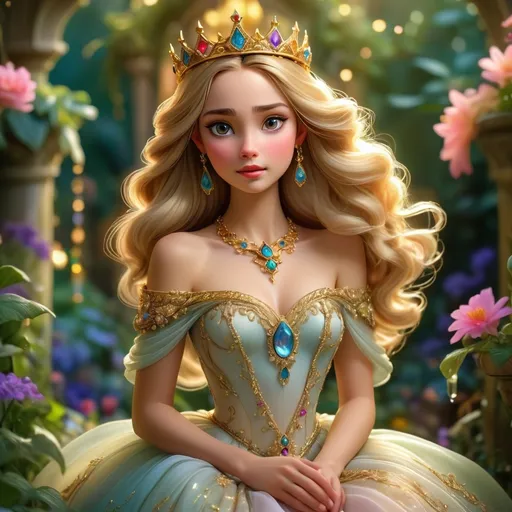 Prompt: (Beautiful Princess), regal attire, flowing gown, intricate golden jewelry, enchanted crown, delicate features, enchanting expression, vibrant colors, ethereal elegance, surrounded by a lush fantasy garden, soft, magical lighting, fairy-tale atmosphere, blooming flowers, sparkling aura, whimsical vibe, HD, ultra-detailed, dreamlike setting.