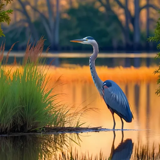 Prompt: Blue Heron and an egret standing in marsh grasses in the distance, picturesque Virginia river backdrop, (gorgeous sunset) casting warm, golden hues across the sky, tranquil and serene atmosphere, reflections shimmering upon the water, lush greenery framing the scene, vibrant colors blending beautifully, ultra-detailed, 4K resolution, nature's harmony encapsulated in a peaceful moment.