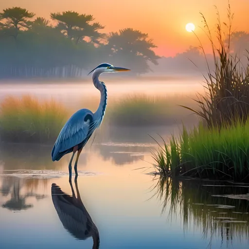 Prompt: Foggy beach at dawn, (mysterious ambiance), gentle waves washing onshore, lush marsh grass softly swaying, a stunning blue heron fishing, accompanied by a graceful egret, (vibrant colors), cool-toned fog enhancing the serene atmosphere, delicate reflections in water, ethereal lighting, calming scenery, ultra-detailed, high quality, nature masterpiece.