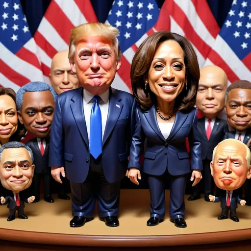 Prompt: (Bold Satire), (Kamala Harris), (Donald Trump), exaggerated features, comedic expressions, humorous scene, vivid colors, dynamic angles, absurd proportions, playful caricature style, engaging background with a surreal twist, high detail, vibrant atmosphere, (4K), highlights political irony, bobble heads