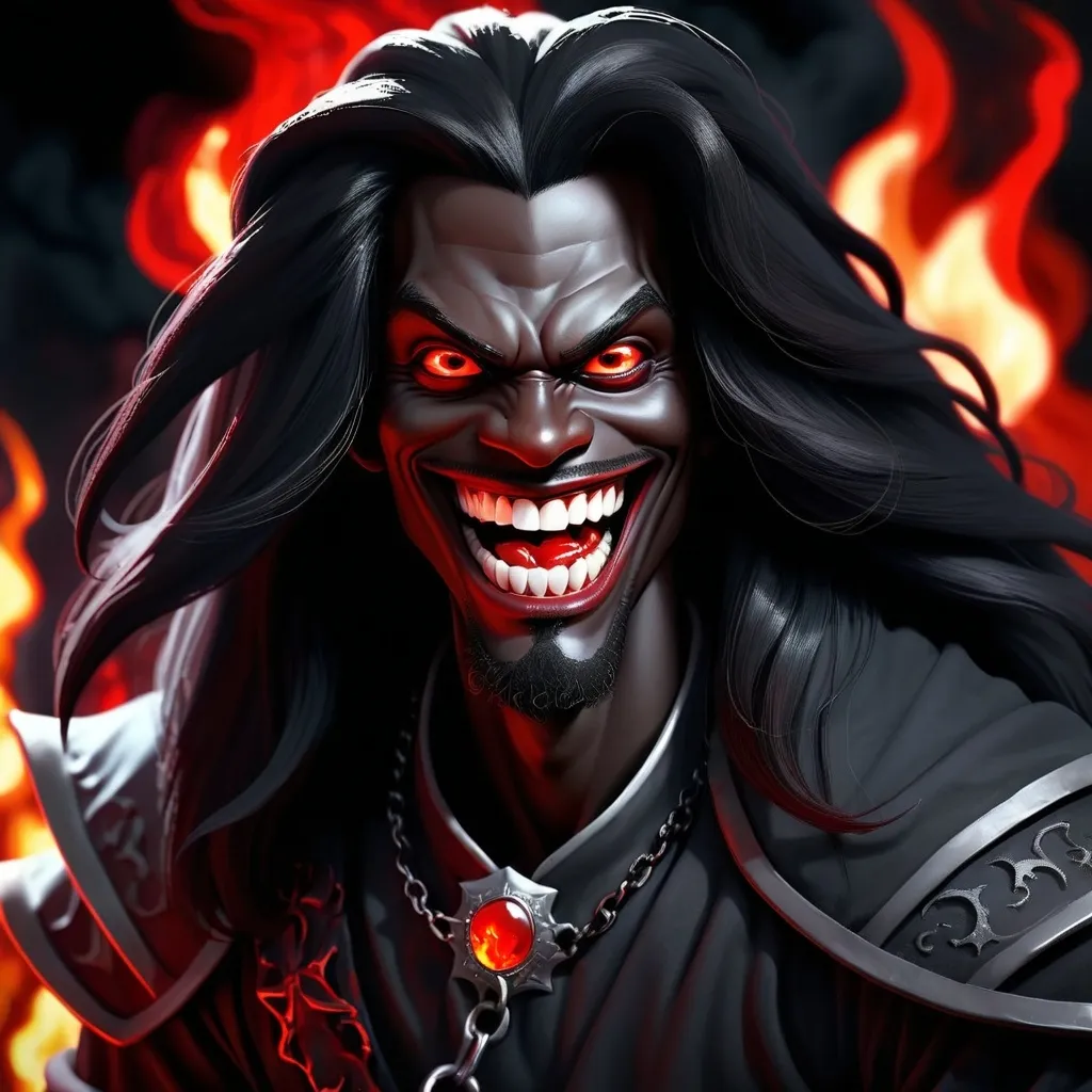 Prompt: (wizard) beautiful Black Male, black lips, extremely white teeth, long glossy black hair, blood red eyes, dark black shiny skin, smiling with perfect white teeth, side lighting, evil, dark, scary, fire red backlighting hair, cinematic colors, high contrast, dramatic shadows, photorealistic, ultra-detailed, HD quality, intense atmosphere, fiery glow in the background, eerie mood.