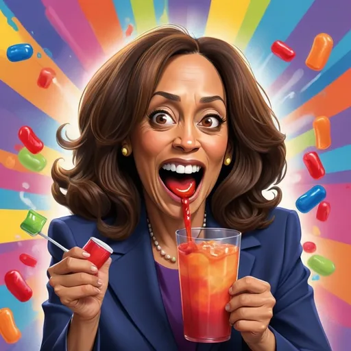 Prompt: (Kamala Harris Satire), humorous portrayal of a politician serving colorful Kool-Aid, vibrant colors, playful caricature, exaggerated features, cheerful ambiance, whimsical background with political motifs, fun and dynamic composition, cartoonish style, capturing satire, bright and bold aesthetic, comic flair, 4K ultra-detailed, eye-catching visuals.