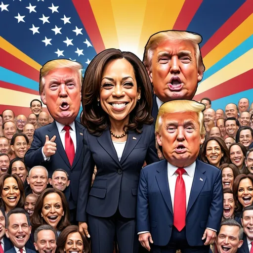 Prompt: (Bold Satire), (Kamala Harris), (Donald Trump), exaggerated features, comedic expressions, humorous scene, vivid colors, dynamic angles, absurd proportions, playful caricature style, engaging background with a surreal twist, high detail, vibrant atmosphere, (4K), highlights political irony, bobble heads