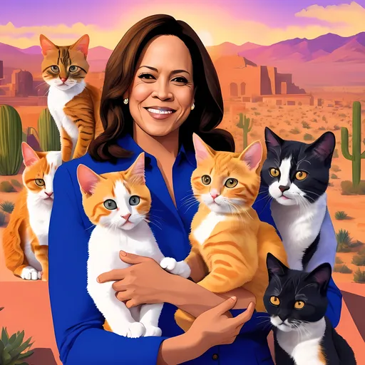 Prompt: (JD Vance and Kamala Harris), two politicians in a casual pose, surrounded by a lively group of (various colorful cats),both are holding babies,  set against the backdrop of the (Texas/Mexican border). The scene is sunny with a (warm, vibrant atmosphere), rich in detail with (imposing border structures), and (picturesque desert landscape). Captivating composition in (4K quality), delivering a whimsical yet serious commentary on border issues.