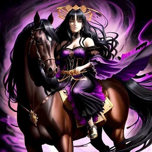 Prompt: (Tarot Anime style) Small Lady, dramatic colors, surreal and highly detailed background, flowing black hair, large mesmerizing black eyes, (larger-than-life presence), elegant dress in rich violet and shimmering gold, (vibrant colors), (dramatic lighting), riding a beautiful black Tennessee walker horse, majestic posture, ethereal atmosphere, ultra-detailed, magical elegance, captivating scene, enchanting aura.