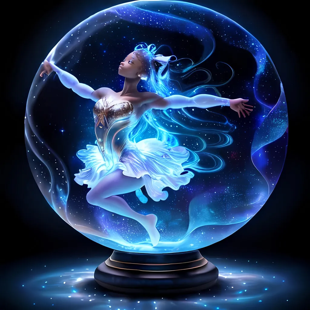 Prompt: Simone Biles performing gracefully, (hollow globe) surrounding her with a (mystical lighting) backdrop, (galaxy in glowing orb) reflecting in her movements, (translucent surface) illuminating with the mesmerizing moonlight, a (night scene) rich with a (starry sky) enhanced by swirling (aquatic elements); (highly detailed), magical.