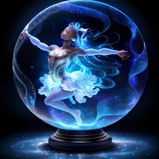 Prompt: Simone Biles performing gracefully, (hollow globe) surrounding her with a (mystical lighting) backdrop, (galaxy in glowing orb) reflecting in her movements, (translucent surface) illuminating with the mesmerizing moonlight, a (night scene) rich with a (starry sky) enhanced by swirling (aquatic elements); (highly detailed), magical.