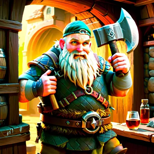 Prompt: dwarf character holding an axe in a tavern , fantasy character art, illustration, dnd, warm tone