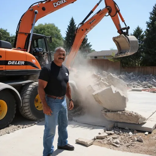 Prompt: Rocky Johnson demolishing concrete with Deller Demolition Ronix