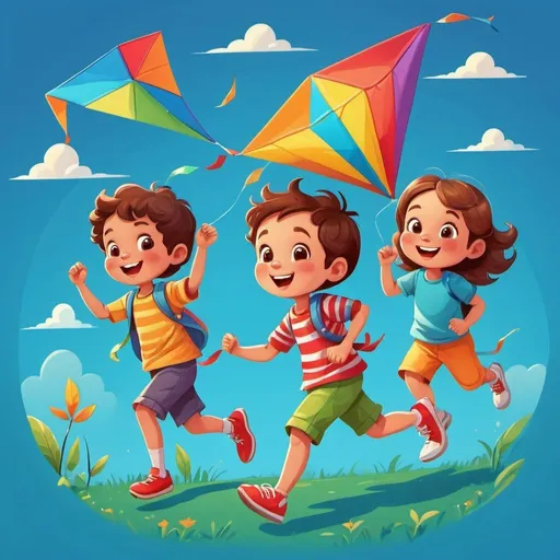 Prompt: Adorable cartoon illustration of two kids running with a flying kite in the park with trees, vibrant and playful, high quality, cartoon, park setting, cute, joyful expressions, colorful outfits, sunny and cheerful atmosphere, detailed background, professional, vibrant colors, playful lighting