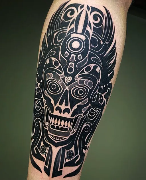 Prompt: I want to see if you can make a mictlantecuhtli design as a tattoo on the quadriceps and with a black work style