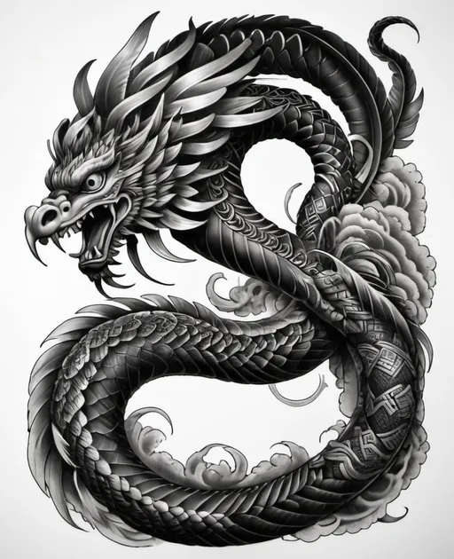 Prompt: Black and grey tattoo of Quetzalcoatl, Japanese-inspired, intricate details, calf tattoo, high contrast, bold linework, Japanese fusion, serpent deity, mythological creature, intricate scales, detailed feathers, flowing movement, dark and dynamic, high quality, dark shading, blackwork style, Japanese elements, detailed linework, bold and striking, mythical creature, powerful and majestic, cultural fusion