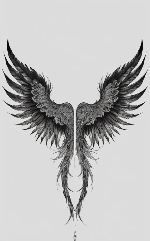 Prompt: Seraphim wings in black tattoo work style, neck placement, high contrast, detailed feathers, black and white, intricate linework, dramatic lighting, additional tattoos, detailed tail, Quetzal-inspired tail, professional, artistic, high-res, black and white tattoo, dramatic lighting, detailed linework, neck, space for additional tattoos, intricate feathers, unique tail design, spiritual, angelic, gothic vibes