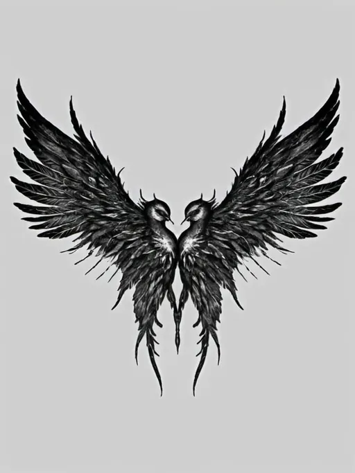 Prompt: Seraphim wings in black tattoo work style, neck placement, space for additional tattoos, high contrast, detailed feathers, black and white, intricate linework, dramatic lighting