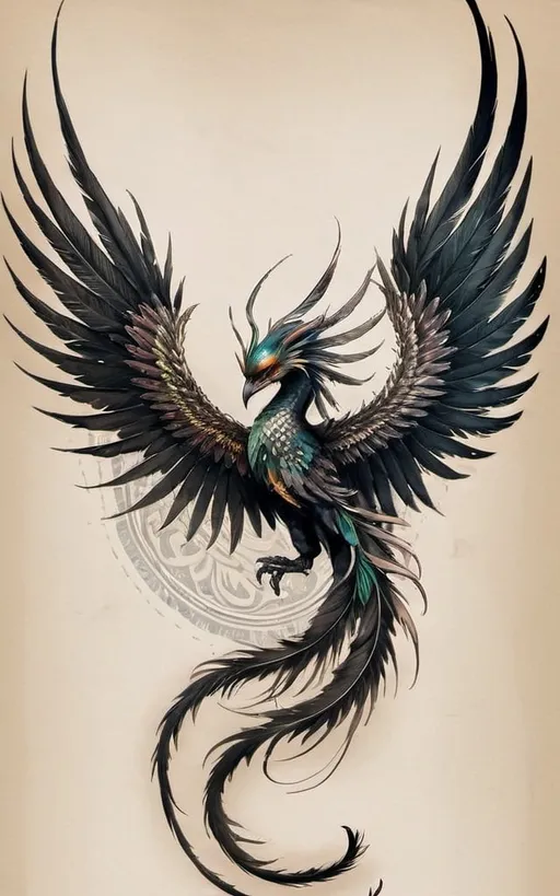 Prompt: Seraphim wings in black tattoo work style, neck placement, space for additional tattoos, high contrast, detailed feathers, black and white, intricate linework, dramatic lighting
So that his tail is a little weirder inspired by the quetzal
But that they are two quetzales that are see from the front like the original image