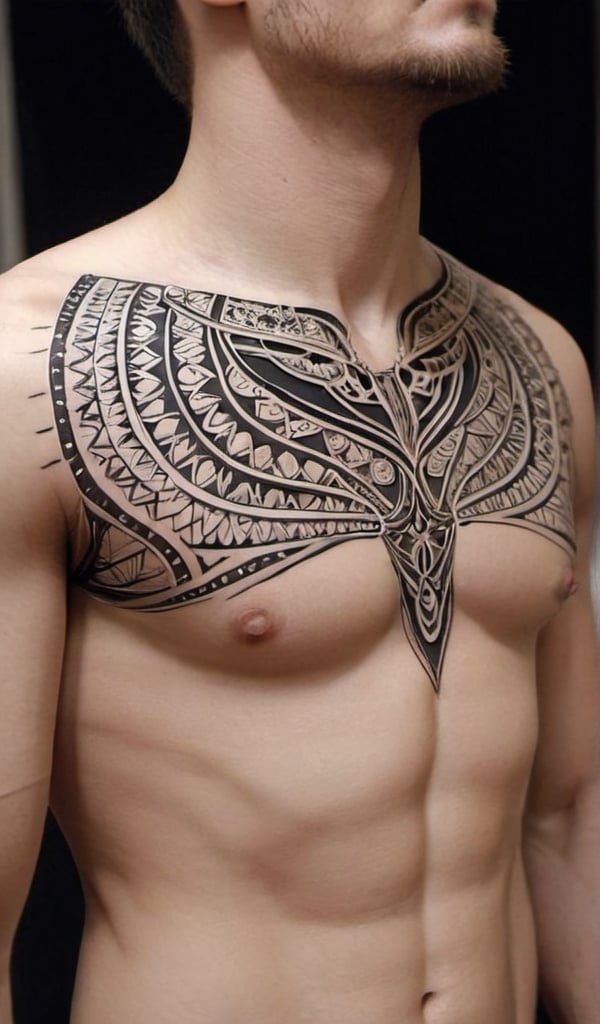 Prompt: I liked this idea but I would like to see if it can be made of a mentara a little smaller and that has a contour or filling with geometric figures like mandala and that has a black work style, nor that it is so circular if not more similar to the shape of the muscles of the chest 
But it's for man