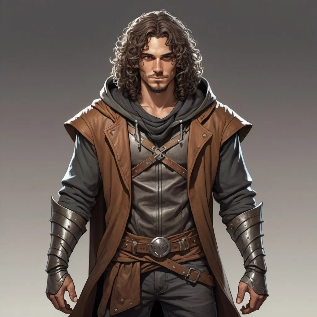 Prompt: Full body portrait of a 29-year-old human warlock, semi-tanned skin, curly long hair, forced smile, leather armor, small hoodie covering part of the face, gray eyes, comic book style earthy tones, character art