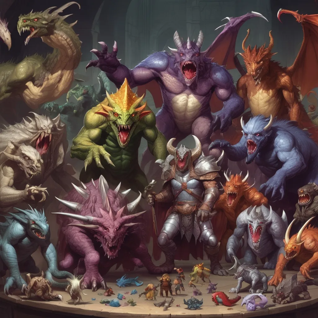 Prompt: Dungeons and dragons hoard of various monsters